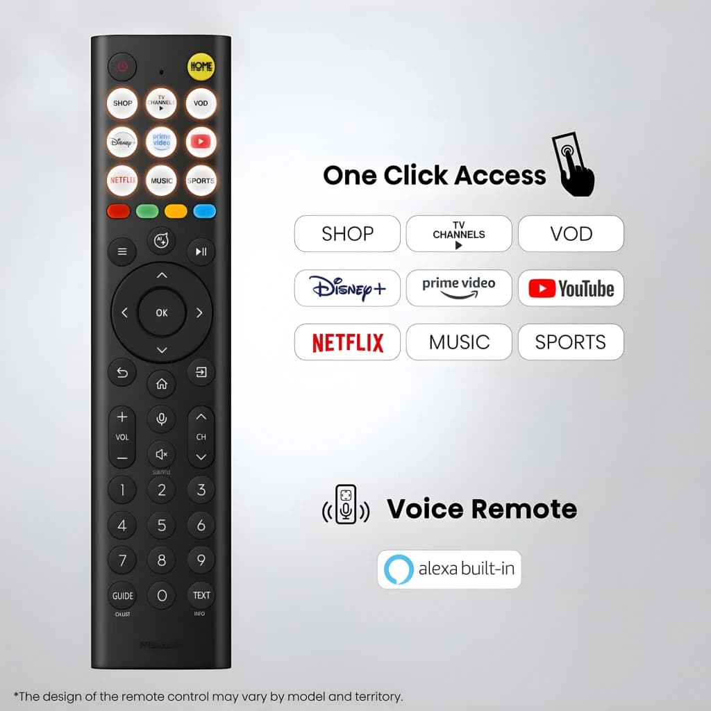 Control remoto del Televisor Hisense 65U7SE con accesos directos a apps, botones dedicados y micrófono Alexa integrado para control por voz