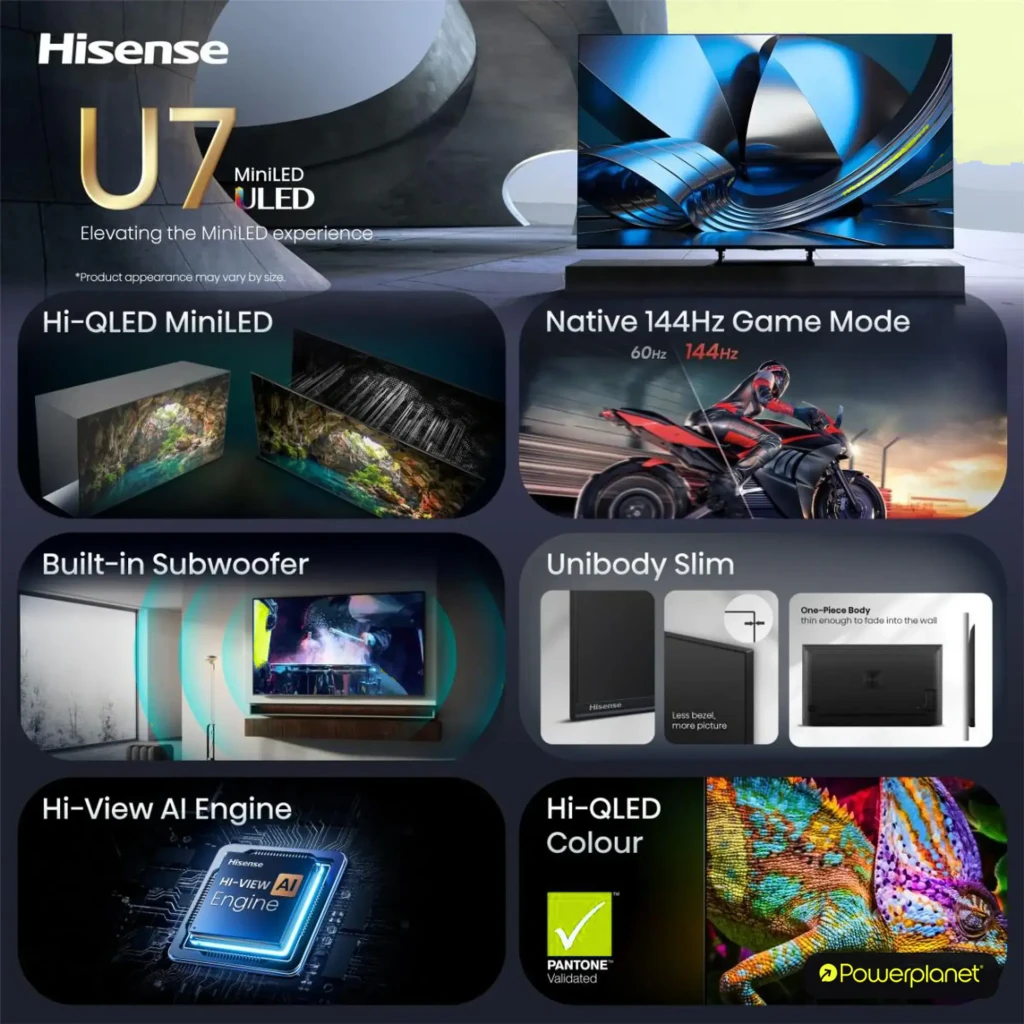 Televisor Hisense 50U7SE 50 polegadas com painel Mini LED ULED, 4K, taxa nativa 144Hz, modo gamer e subwoofer integrado; design fino com moldura estreita - Item1