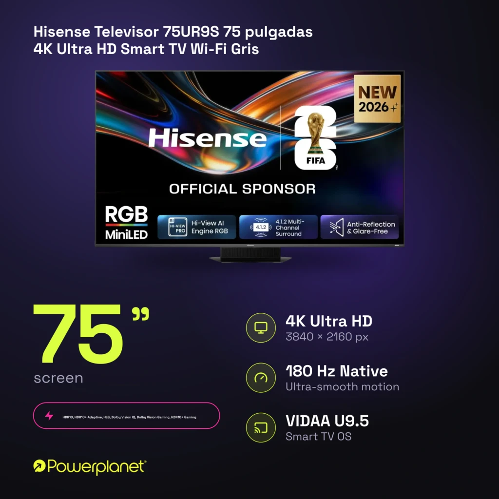 Televisor Hisense 75UR9S 75 pulgadas con pantalla 4K Mini LED, frecuencia 180Hz, panel antirreflejos, audio 4.1.2 y sistema VIDAA U9.5 - Ítem1