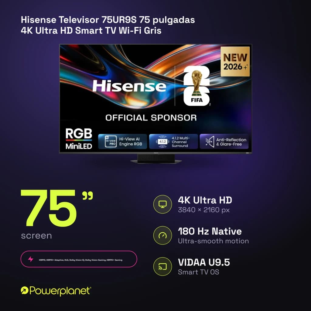 Televisor Hisense 75UR9S 75 pulgadas con panel Mini LED, 4K Ultra HD, 180 Hz para movimiento fluido, anti reflejos y sistema VIDAA U9.5 en color gris