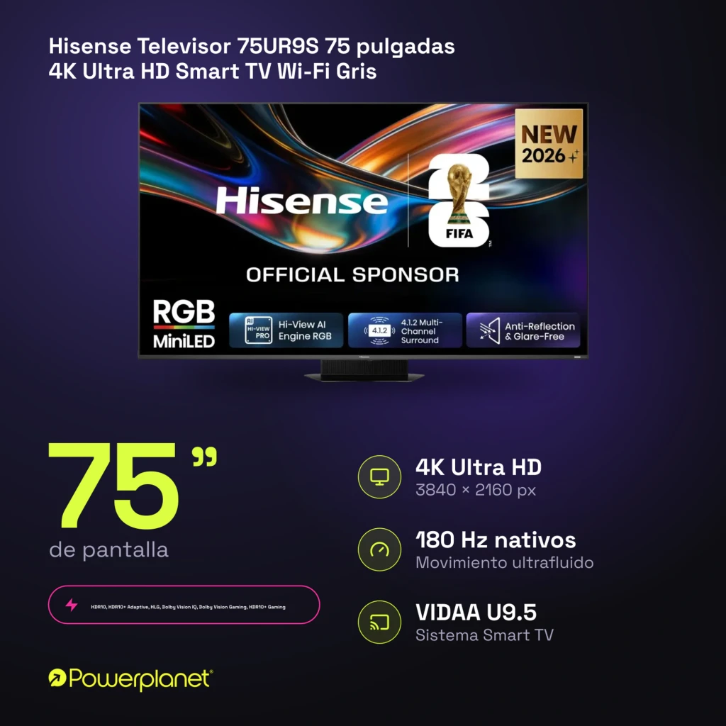 Televisor Hisense 75UR9S 75 pulgadas con pantalla 4K Mini LED, frecuencia 180Hz, panel antirreflejos, audio 4.1.2 y sistema VIDAA U9.5 - Ítem4