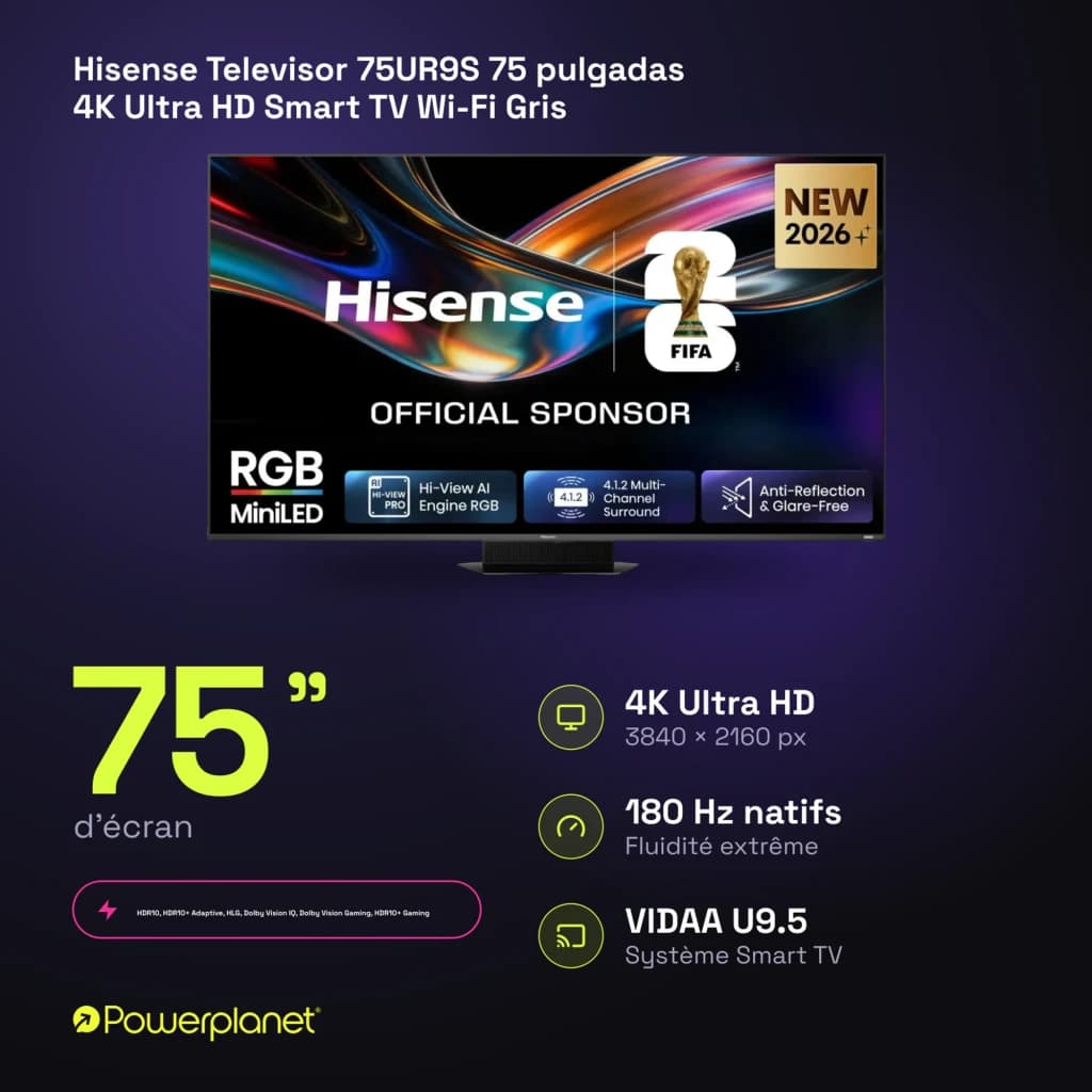 Televisor Hisense 75UR9S de 75 pulgadas con pantalla 4K Mini LED, 180 Hz, bisel fino, colores vivos RGB y antirreflejo; sistema VIDAA U9.5