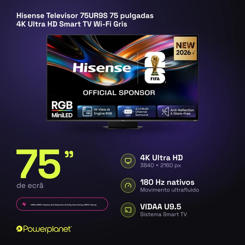 Televisor Hisense 75UR9S de 75 pulgadas con panel Mini LED RGB, 4K UHD, 180 Hz y sistema VIDAA U9.5, biseles delgados y peana central elegante