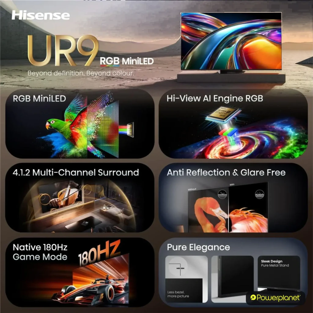 Televisor Hisense 65UR9S 65 pulgadas con pantalla 4K Mini LED, frecuencia 180Hz, panel antirreflejos, audio 4.1.2 y sistema VIDAA U9.5 - Ítem1