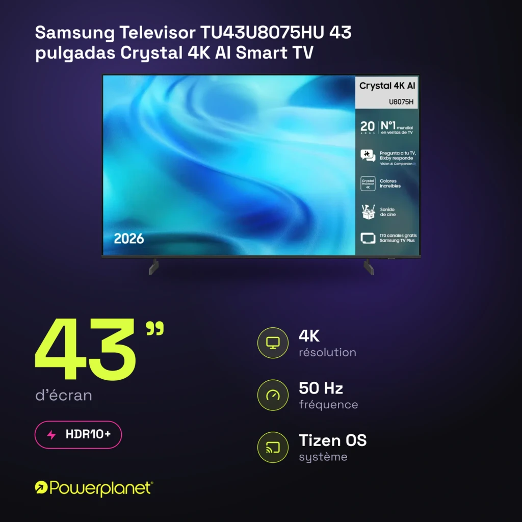 Televisor Samsung TU43U8075HU 43 pulgadas con pantalla LED Crystal UHD 4K, biseles delgados, peanas dobles y panel con información de funciones AI y apps - Ítem6