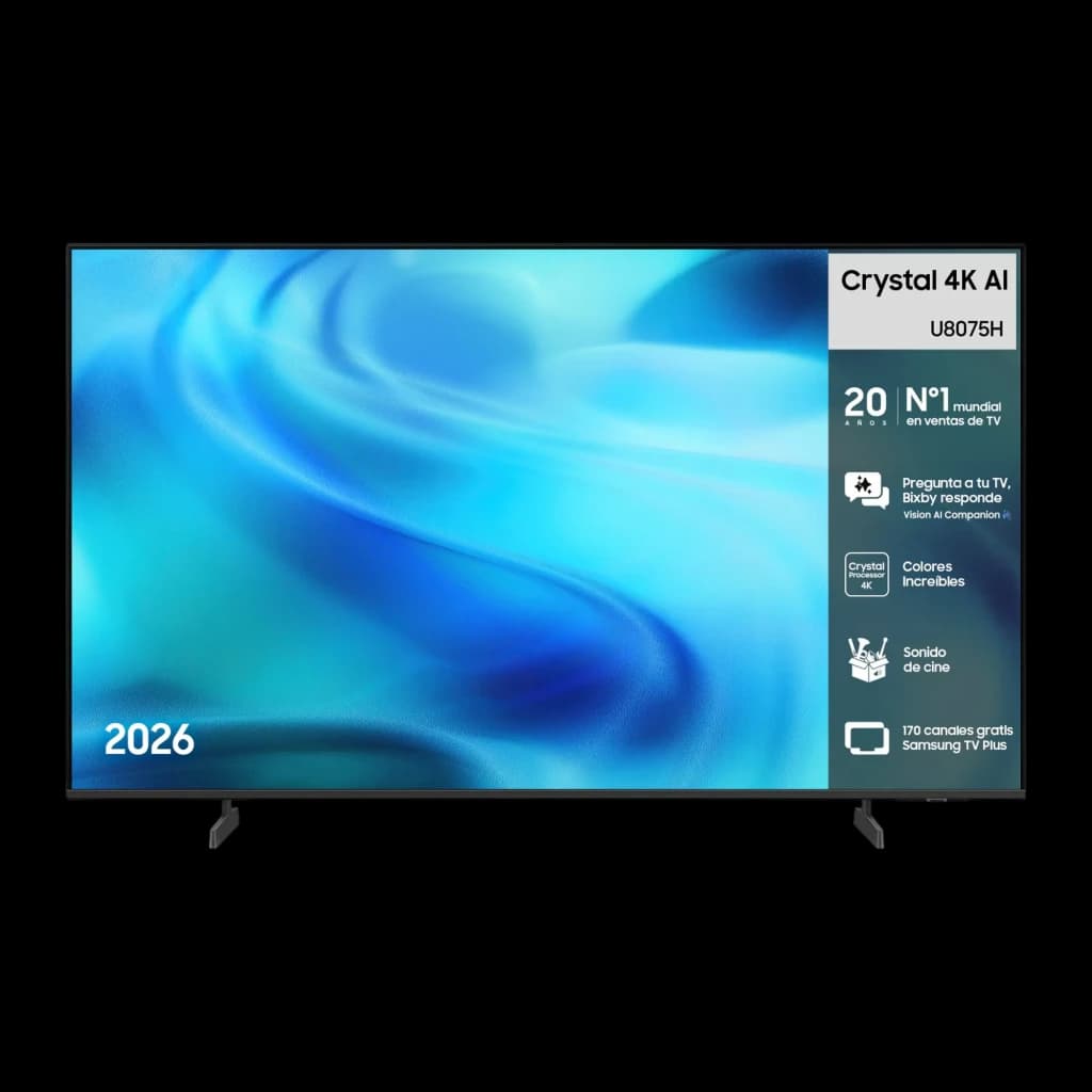 Televisor Samsung TU85U8075HU 85 polegadas LED Crystal UHD 4K com moldura fina, pés duplos, painel sem reflexos e destaque para IA 4K e cores vivas no visor