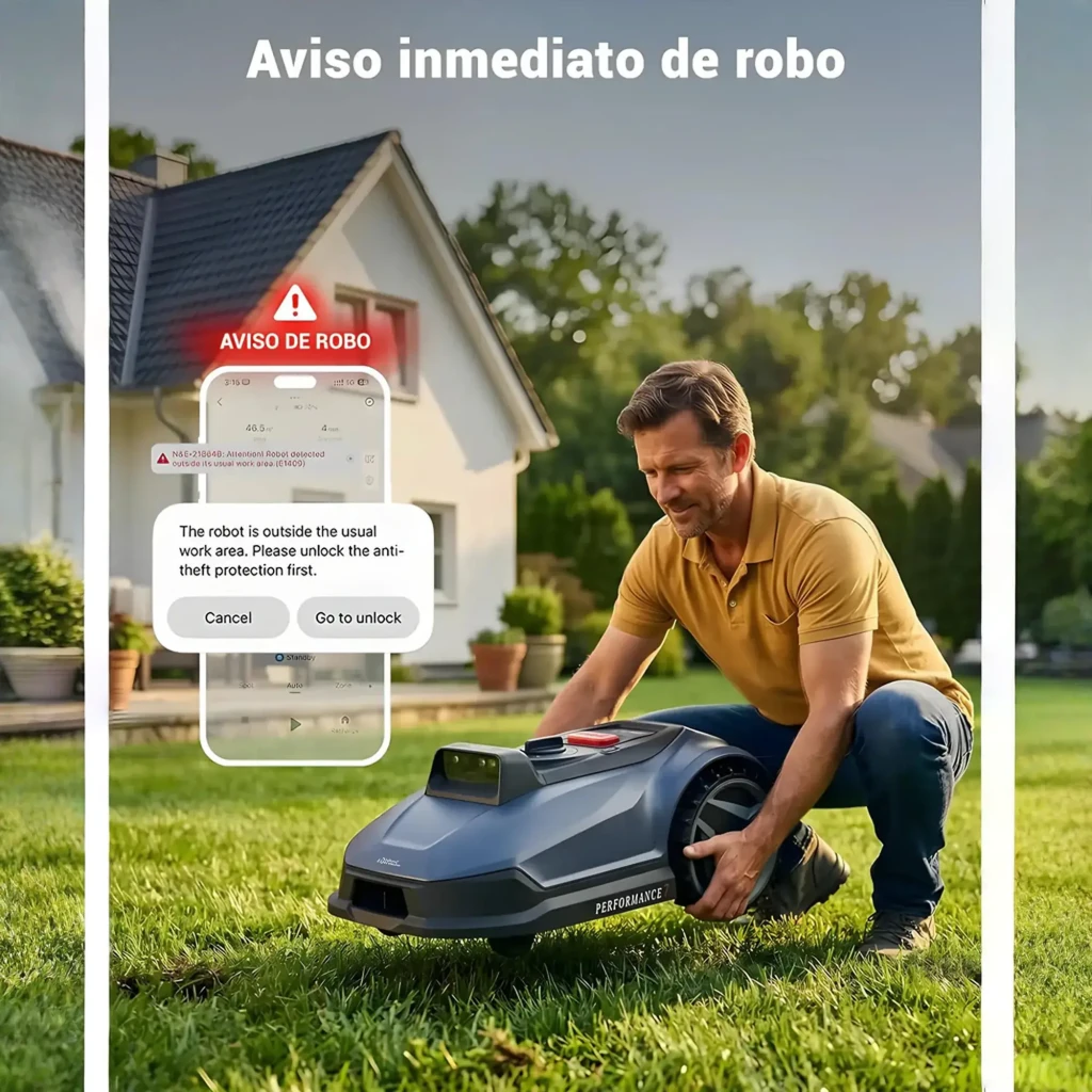 Robô cortador de relva cinza escuro com farol LED, rodas traseiras largas, botões STOP e HOME, base de carregamento e app móvel exibida no smartphone - Item5