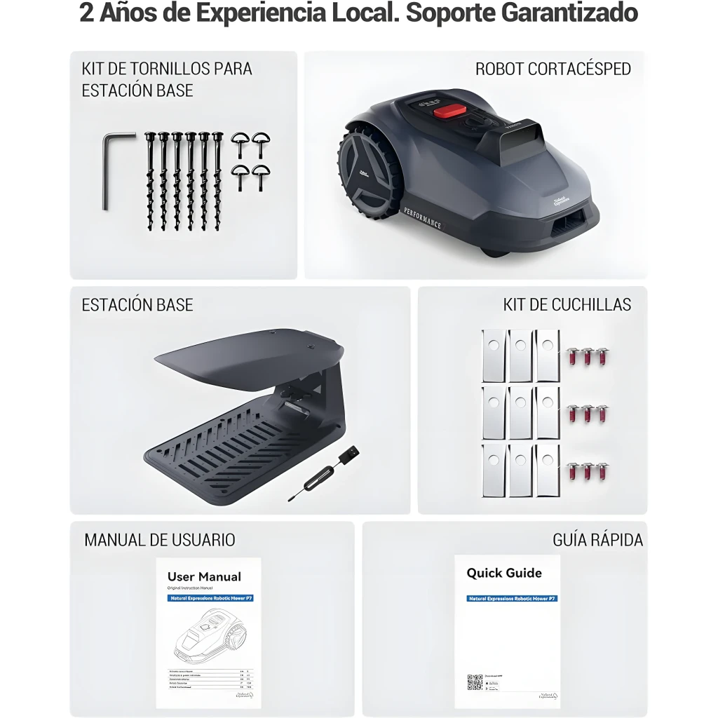 Robô cortador de relva cinza escuro com farol LED, rodas traseiras largas, botões STOP e HOME, base de carregamento e app móvel exibida no smartphone - Item4