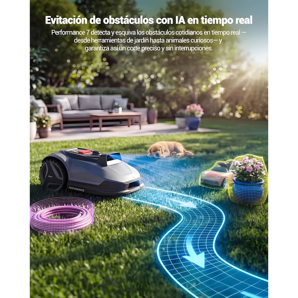 Robô cortador de relva cinza escuro com farol LED, rodas traseiras largas, botões STOP e HOME, base de carregamento e app móvel exibida no smartphone - Item3