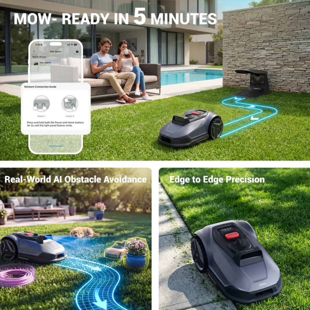 Robô cortador de relva cinza escuro com farol LED, rodas traseiras largas, botões STOP e HOME, base de carregamento e app móvel exibida no smartphone - Item2