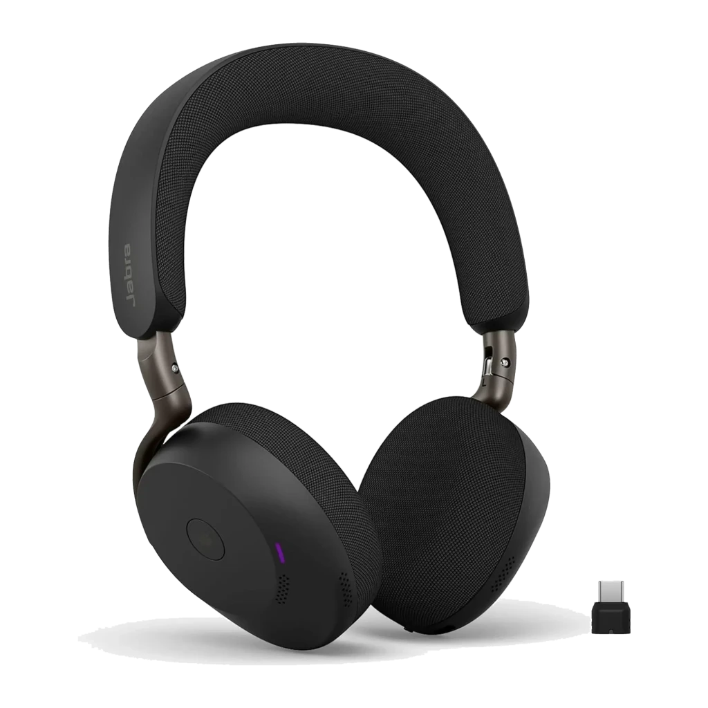 Jabra Evolve3 75 preto, vista superior: fones dobrados com faixa e almofadas visíveis - Item5