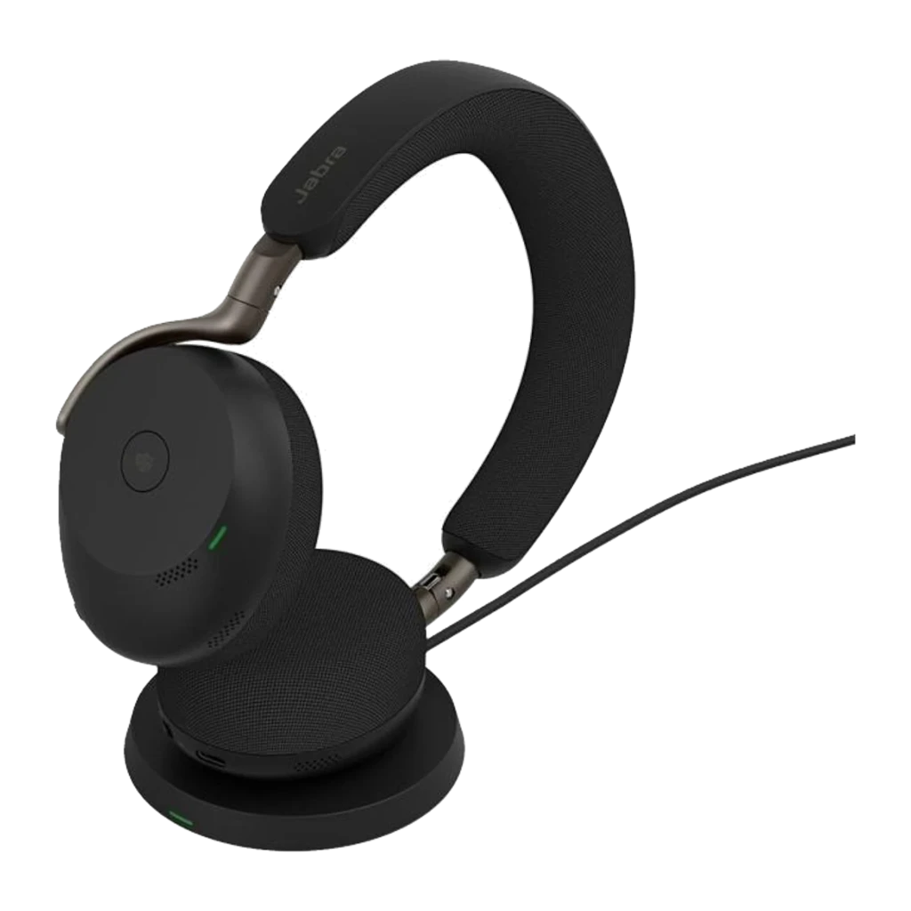Jabra Evolve3 75 preto, vista superior: fones dobrados com faixa e almofadas visíveis - Item6