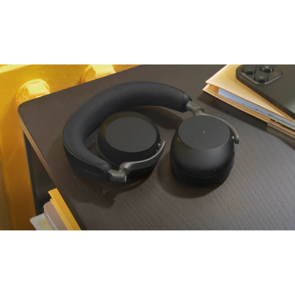 Jabra Evolve3 75 preto, vista superior: fones dobrados com faixa e almofadas visíveis - Item11