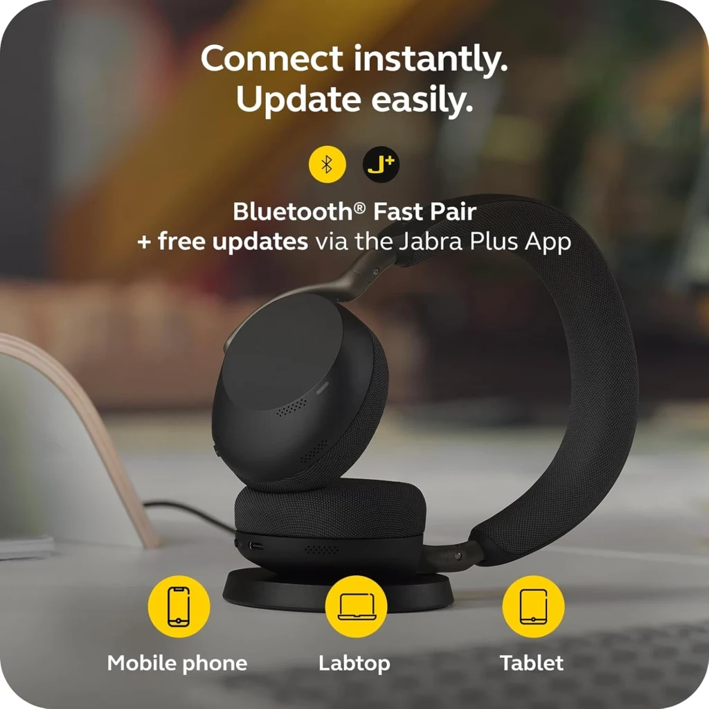 Jabra Evolve3 75 preto, vista superior: fones dobrados com faixa e almofadas visíveis - Item12