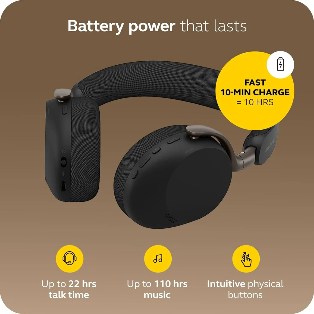 Jabra Evolve3 75 preto, vista superior: fones dobrados com faixa e almofadas visíveis - Item13