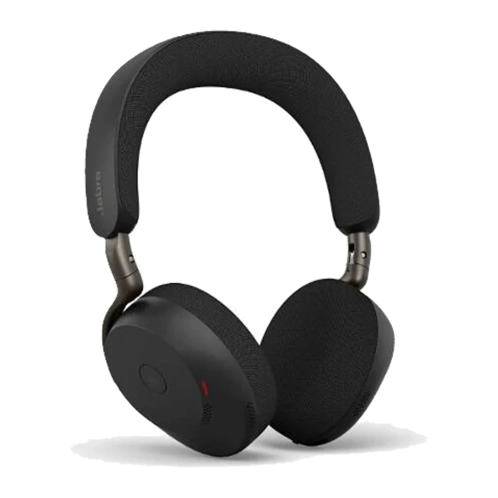 Jabra Evolve3 75 preto, vista superior: fones dobrados com faixa e almofadas visíveis - Item1