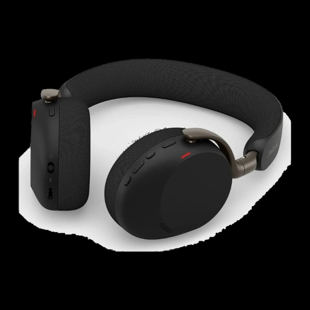 Jabra Evolve3 75 noir, vue latérale gauche: module de contrôle et coussin avec microphone