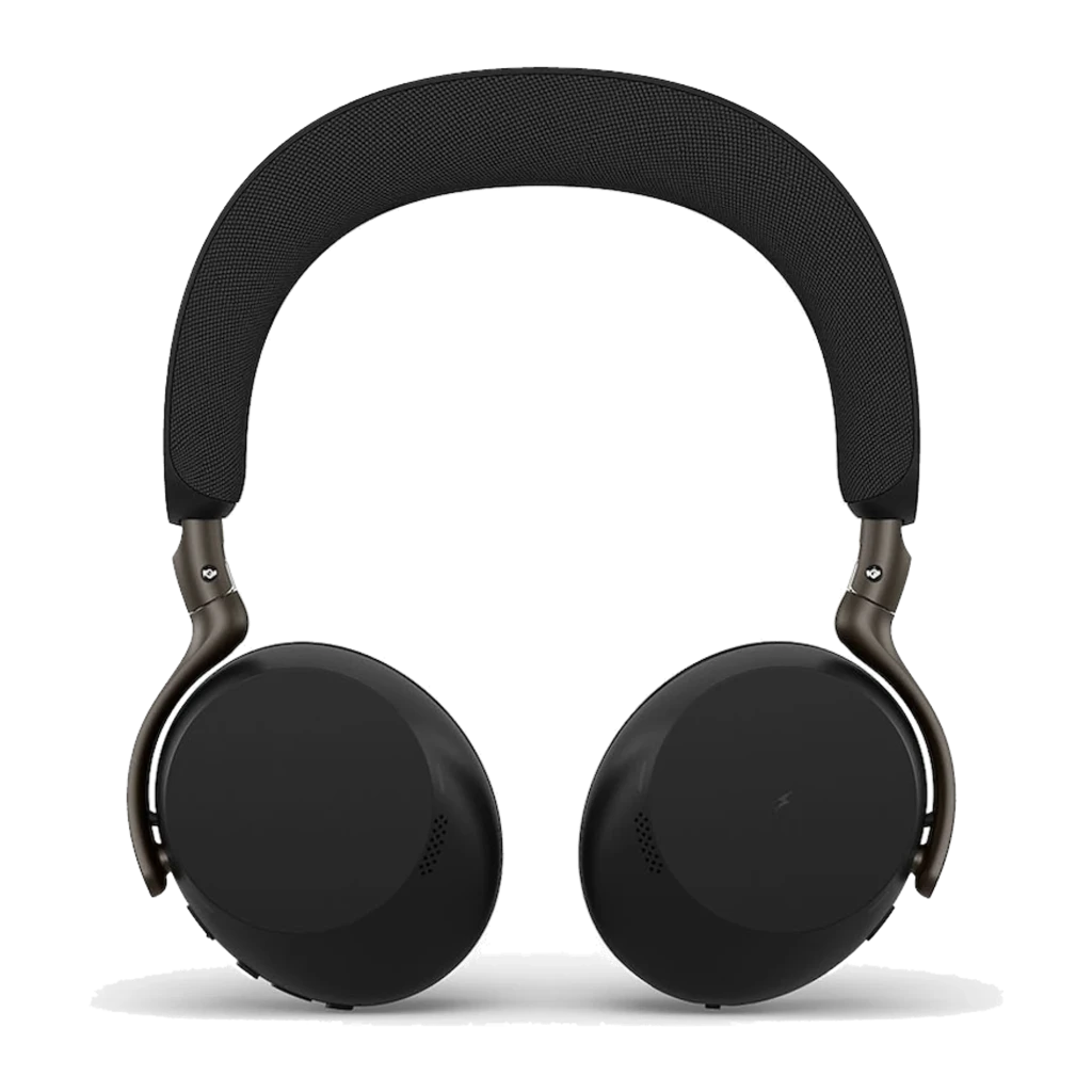 Jabra Evolve3 75 preto, vista superior: fones dobrados com faixa e almofadas visíveis - Item3