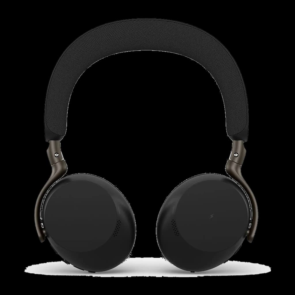 Jabra Evolve3 75 noir, vue de face complète: casque avec arceau et coussinets symétriques