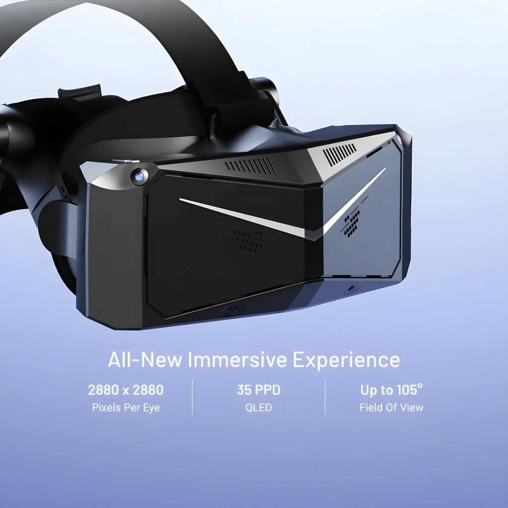 Pimax Crystal Light com drivers pretos, visor angular cinza, headstrap acolchoado e dois controladores ergonômicos; resolução 2880 x 2880 por olho - Item3