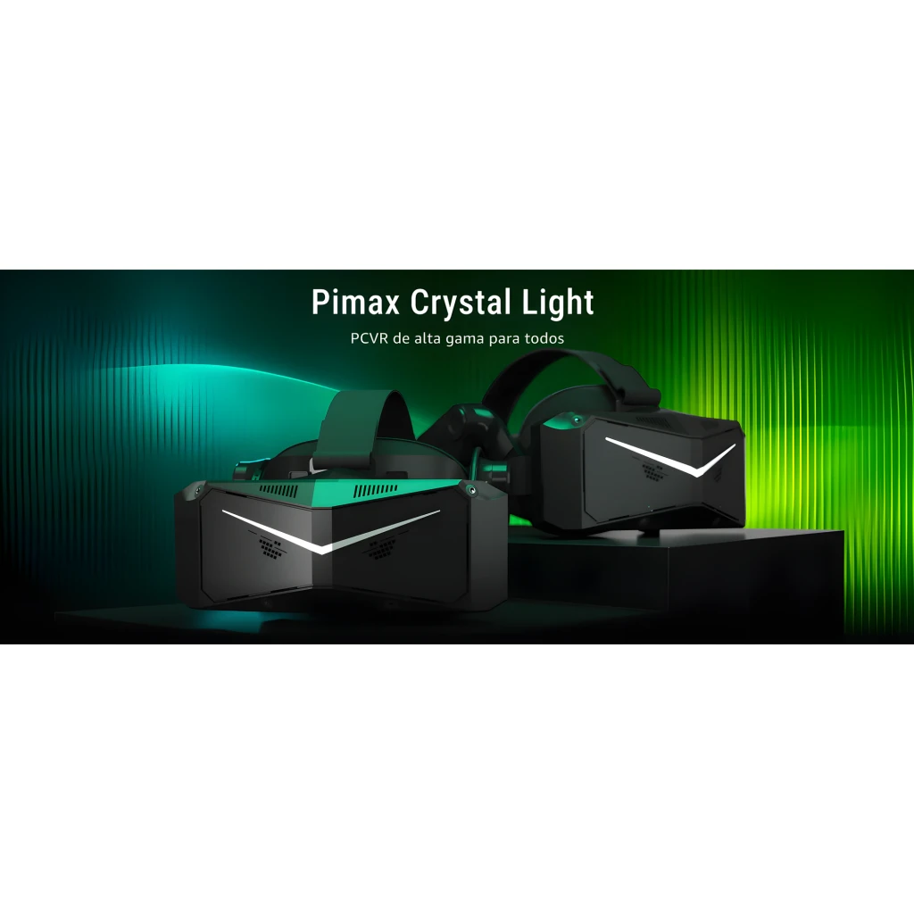Pimax Crystal Light com drivers pretos, visor angular cinza, headstrap acolchoado e dois controladores ergonômicos; resolução 2880 x 2880 por olho - Item1