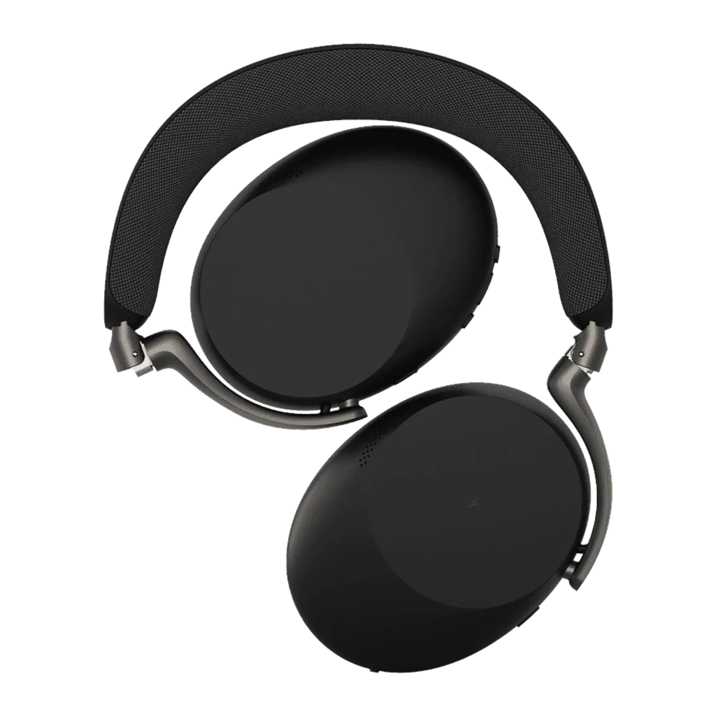 Jabra Evolve3 85 preto, vista lateral: fones com detalhe de textura e luz LED roxa - Item1