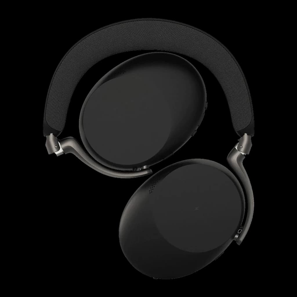 Jabra Evolve3 85 noir, angle supérieur: casque avec un coussin pivoté révélant la structure