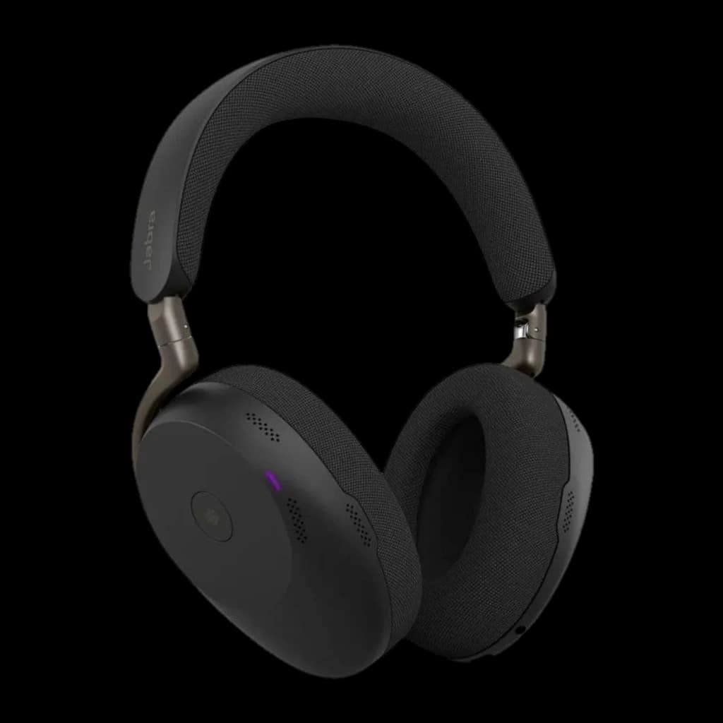 Jabra Evolve3 85 noir, vue latérale: casque avec détail de texture et voyant LED violet
