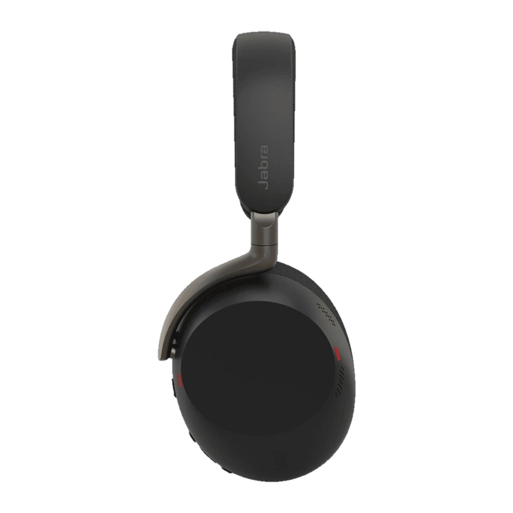 Jabra Evolve3 85 preto, vista lateral: fones com detalhe de textura e luz LED roxa - Item3