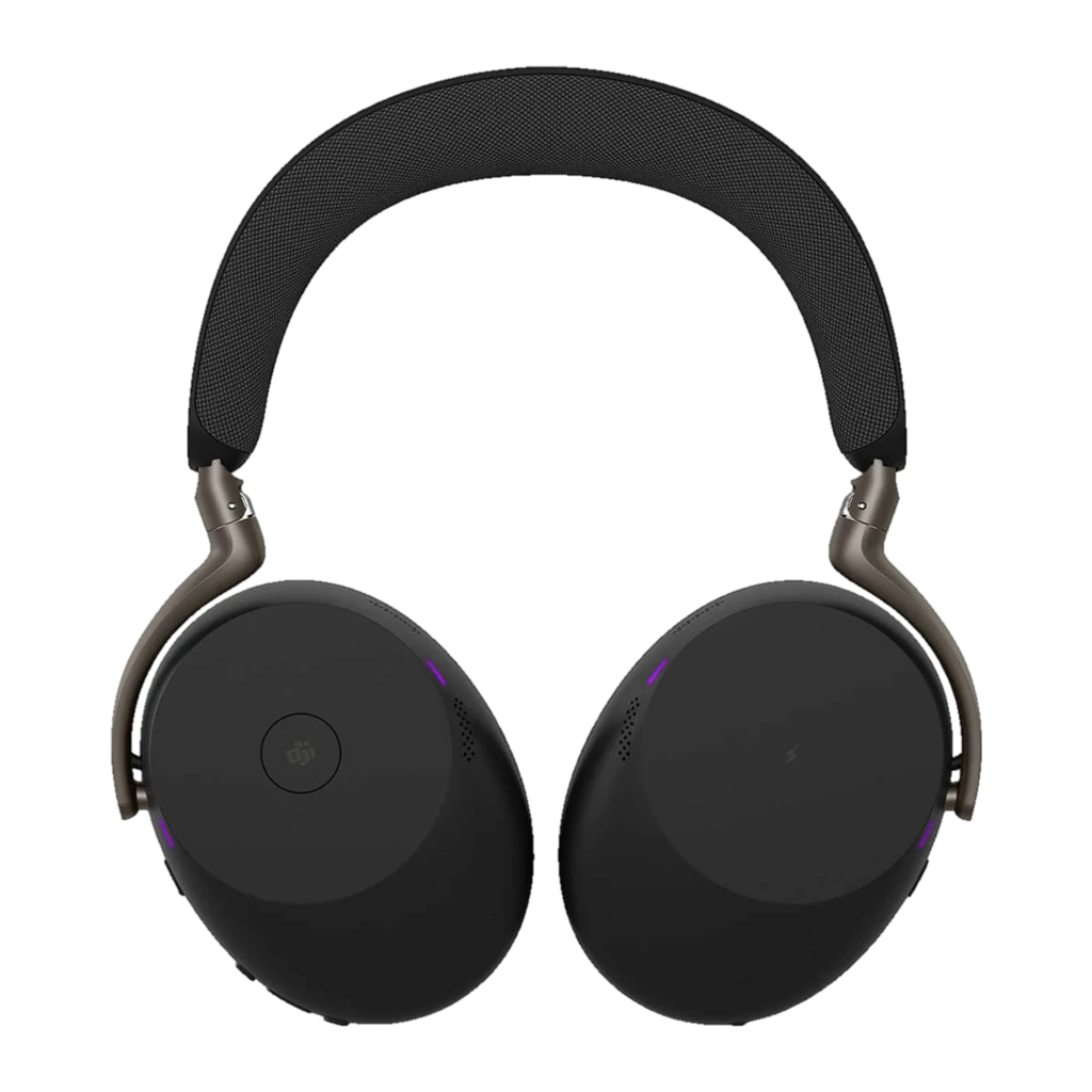 Jabra Evolve3 85 preto, vista lateral: fones com detalhe de textura e luz LED roxa - Item4