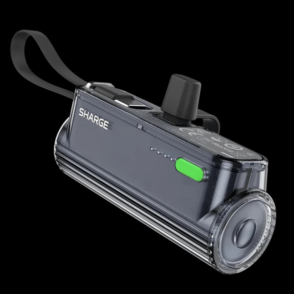 Batterie Sharge Flow Mini Noir 5000 mAh, sortie 22,5 W, câble USB-C intégré, boîtier transparent, voyant LED vert, dragonne et indicateurs lumineux
