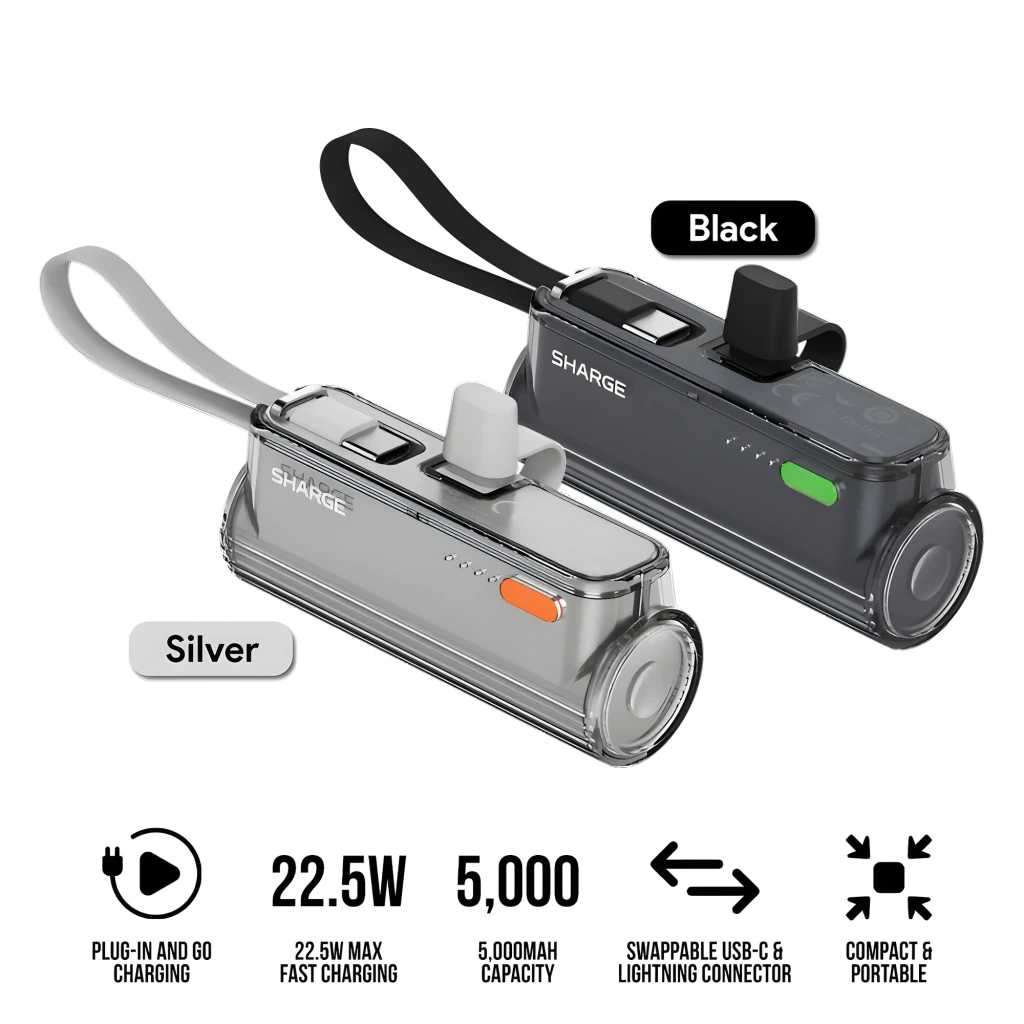 Power bank Sharge Flow Mini Negro 5000mAh y 22.5W con cable USB-C integrado, carcasa traslúcida, botón lateral verde, correa de mano y LEDs indicadores - Ítem4