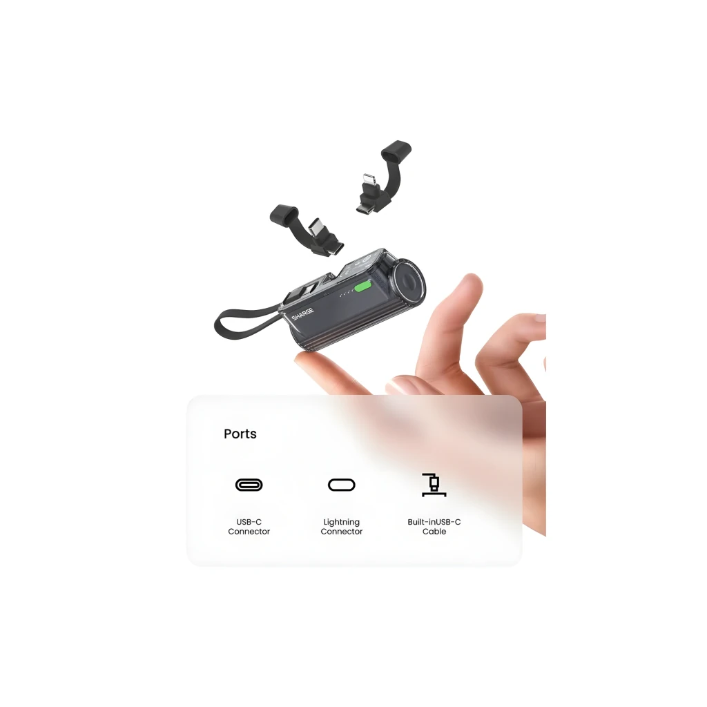 Power bank Sharge Flow Mini Negro 5000mAh y 22.5W con cable USB-C integrado, carcasa traslúcida, botón lateral verde, correa de mano y LEDs indicadores - Ítem3