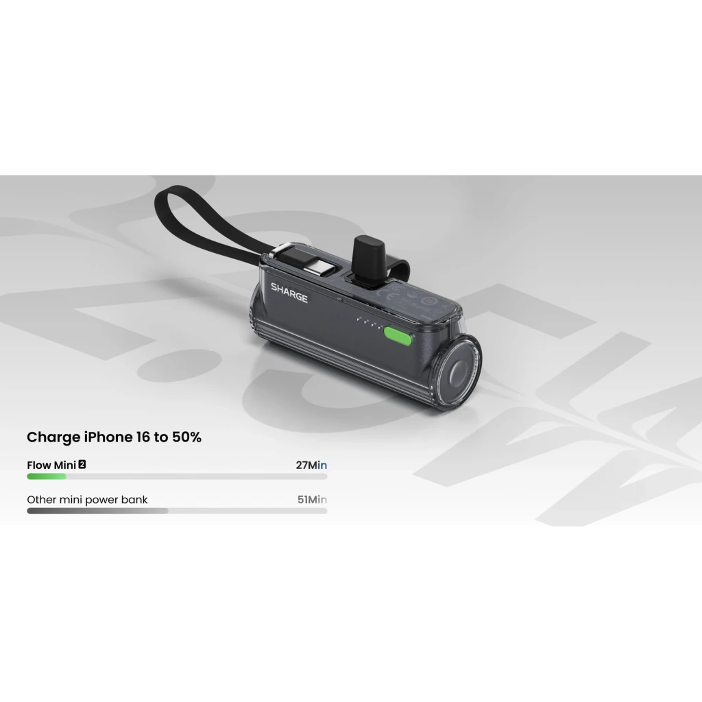 Power bank Sharge Flow Mini Negro 5000mAh y 22.5W con cable USB-C integrado, carcasa traslúcida, botón lateral verde, correa de mano y LEDs indicadores - Ítem1