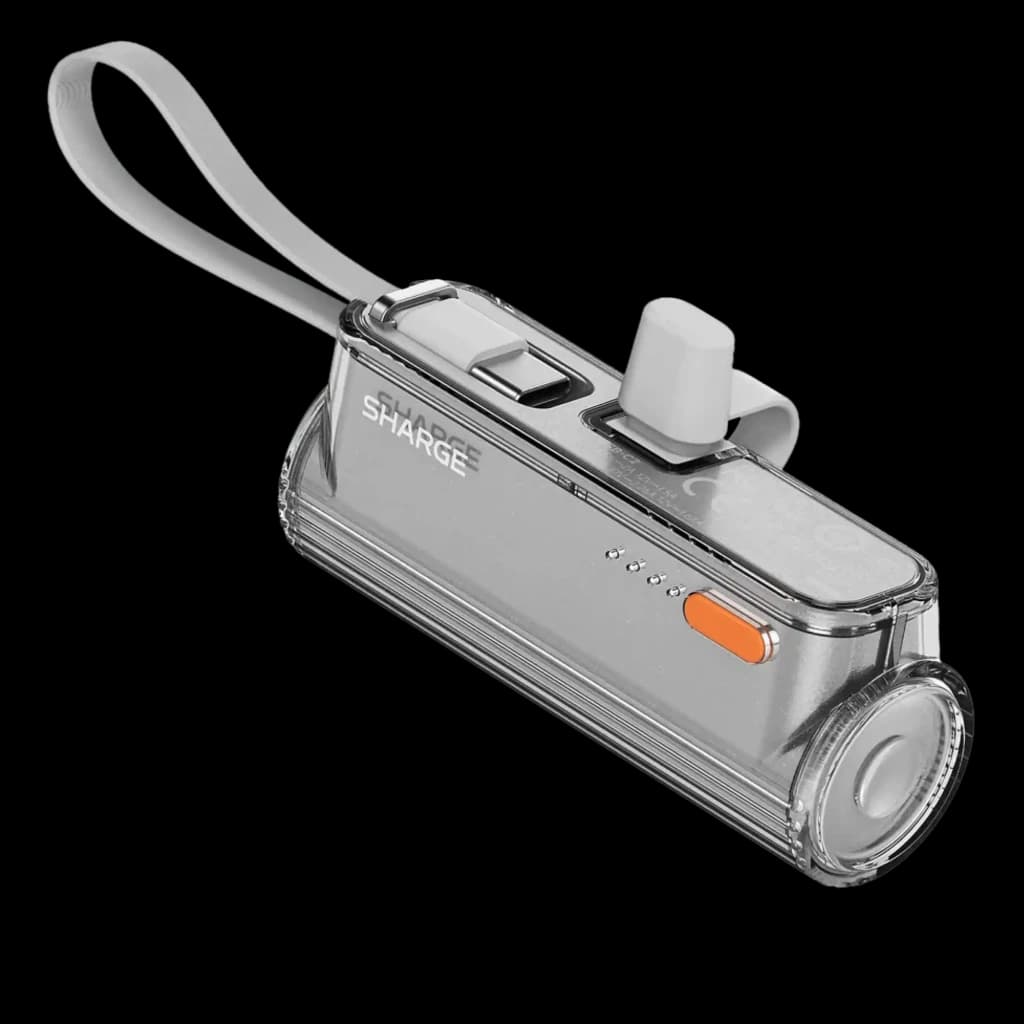 Batterie portable Sharge Flow Mini Silver 5000 mAh, sortie 22,5 W, boîtier argent compact, câble USB C intégré, témoin LED et dragonne réglable