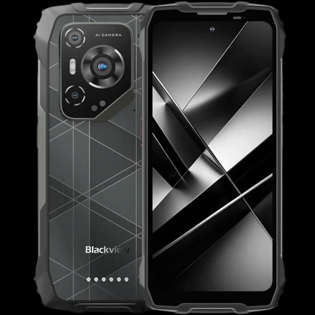 Blackview BL7000 Pro 5G robuste, écran noir brillant bord à bord, dos géométrique gris, triple module caméra AI avec capteur vision nocturne, 512 Go, 8 Go