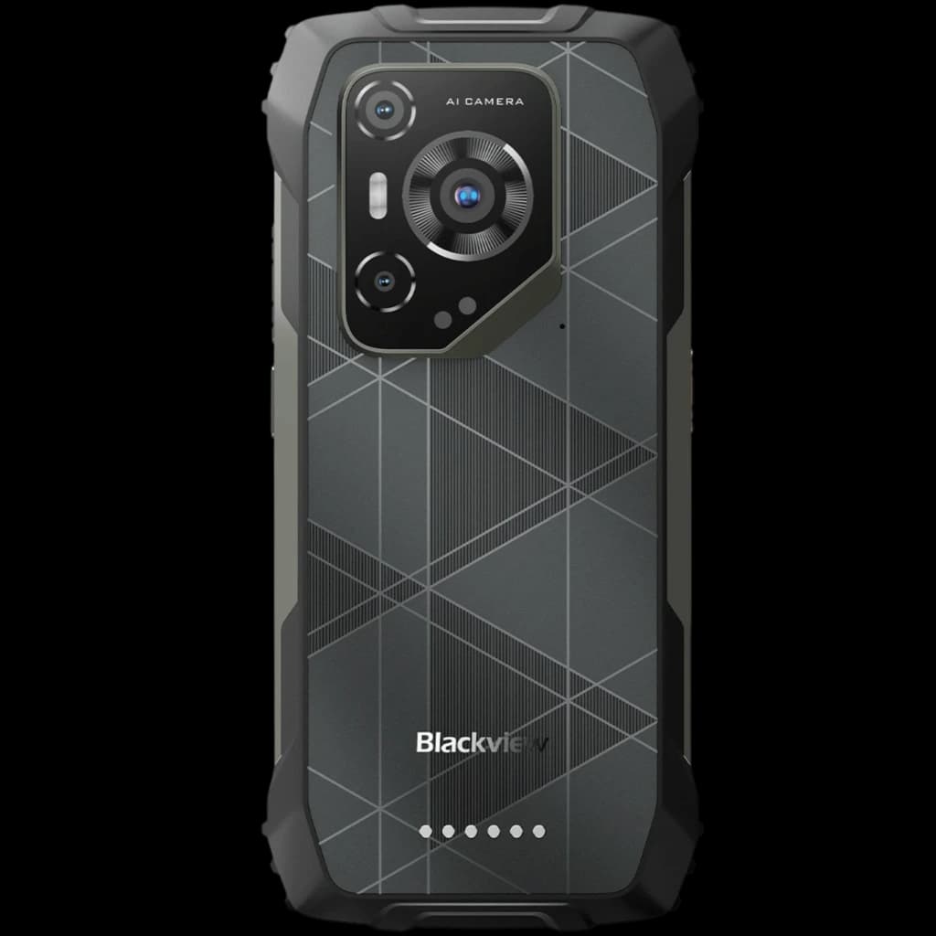 Blackview BL7000 Pro 5G robuste, dos gris texturé à motifs géométriques, module photo triple proéminent avec capteur vision nocturne, bords renforcés