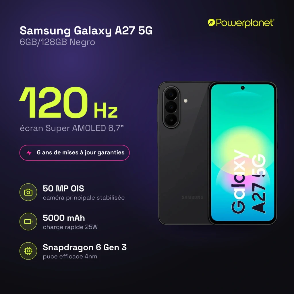 Samsung Galaxy A27 5G preto com tela 6,7 Super AMOLED 120Hz, bordas finas, câmera traseira tripla vertical e furo central para câmera frontal, 128GB e 6GB RAM - Item9