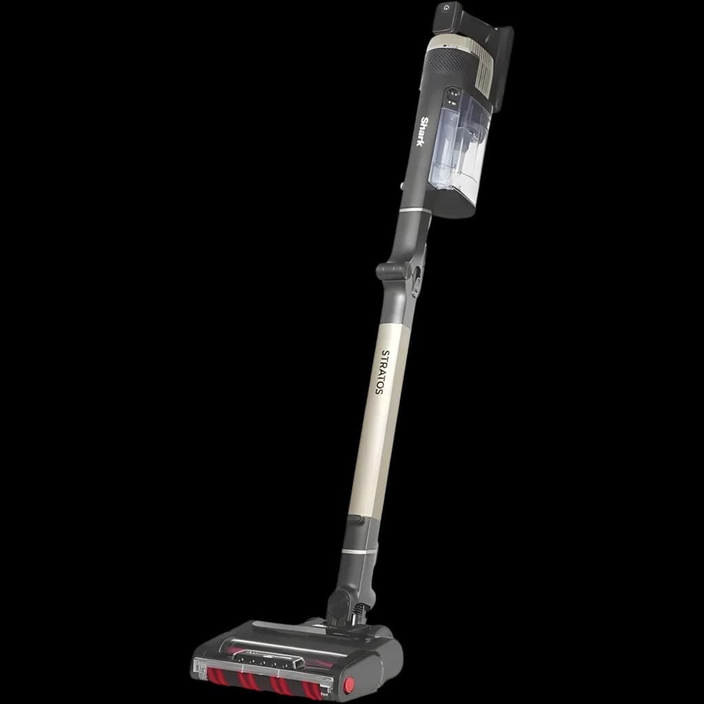 Aspiradora escoba Shark Stratos IZ400EUT sin cable, diseño en gris y beige, tubo articulado, depósito transparente y cabezal ancho con rodillos rojos