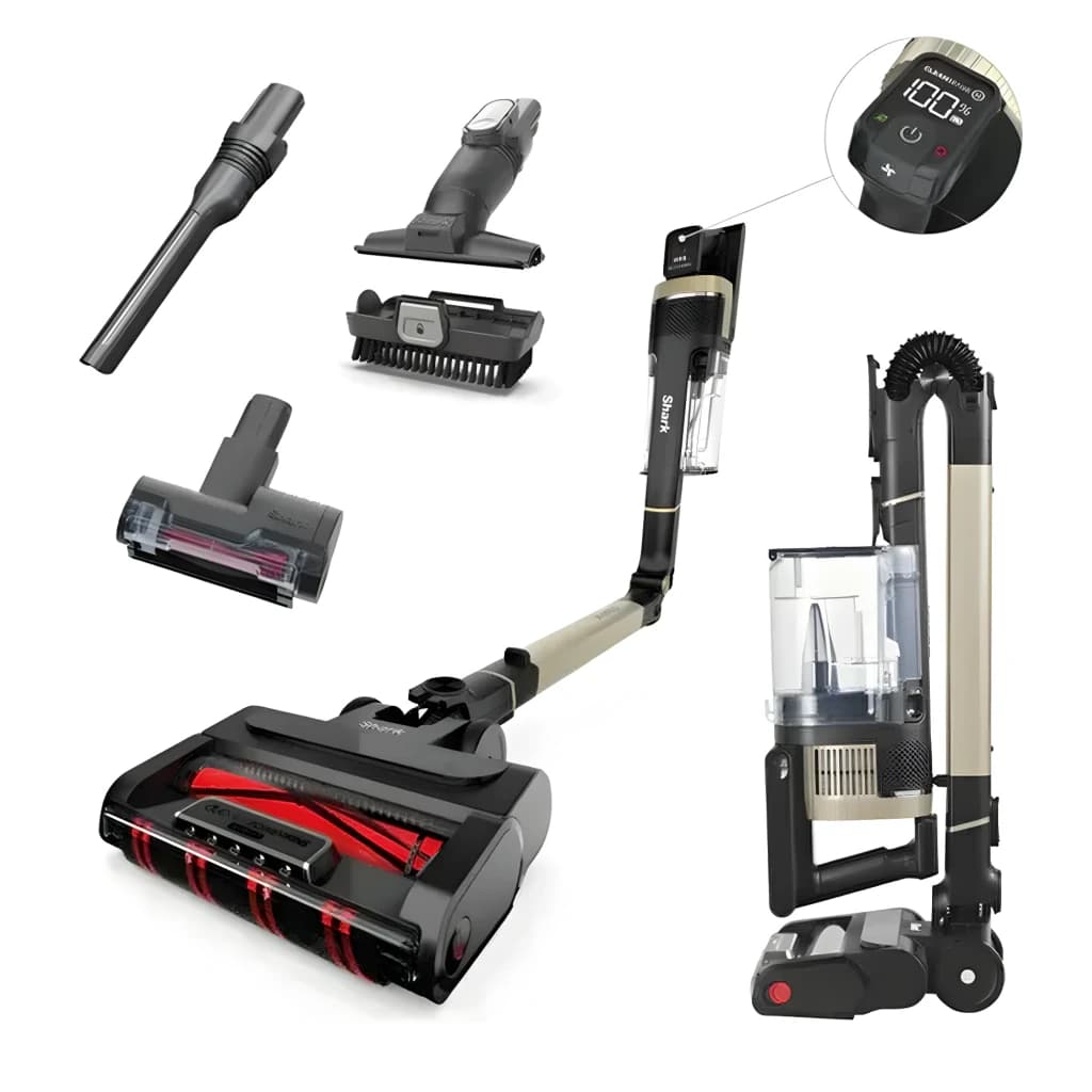 Aspiradora escoba Shark Stratos IZ400EUT sin cable, cabezal DuoClean con rodillos rojos, pantalla digital, depósito grande, modo plegable y accesorios multiuso