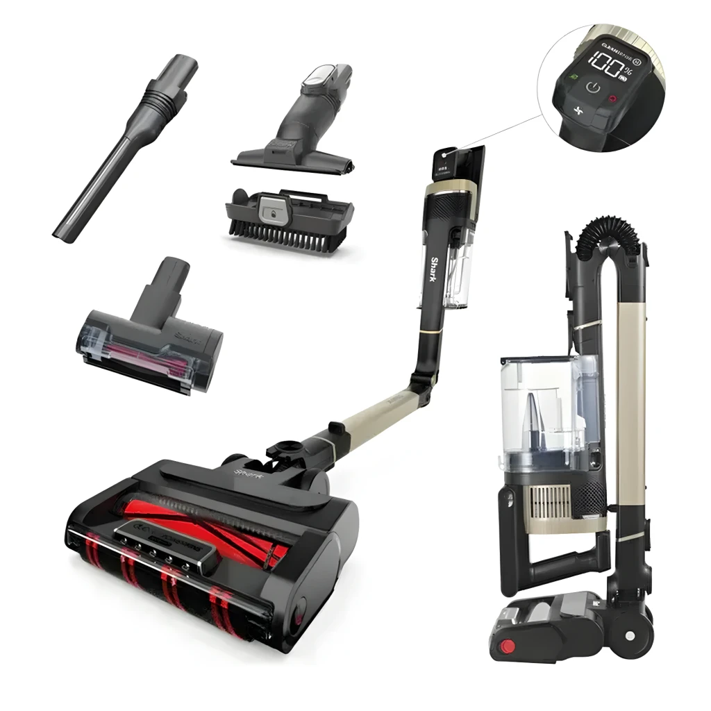 Aspirateur balai Shark Stratos IZ400EUT sans fil gris et beige avec tube inclinable, grand bac transparent, tête motorisée large à rouleaux rouges - Ítem6