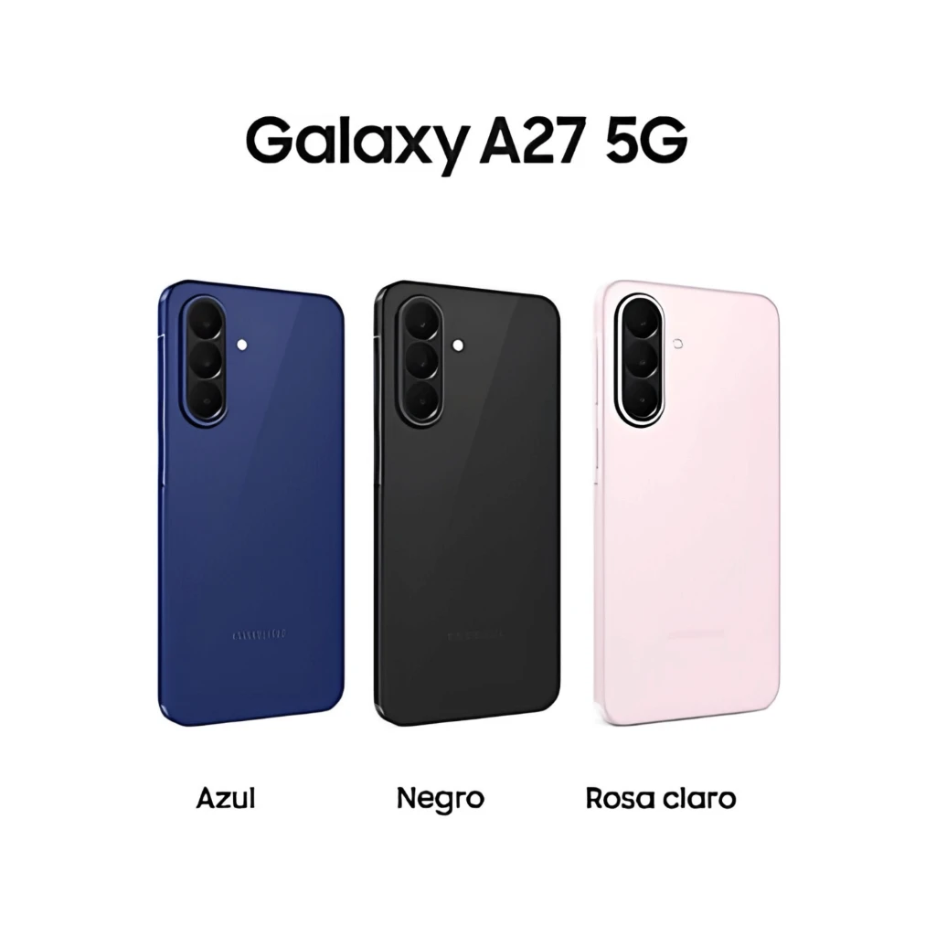 Smartphone Galaxy A27 5G azul com tela ampla de bordas finas, câmera traseira tripla vertical e furo central para a câmera frontal - Item6