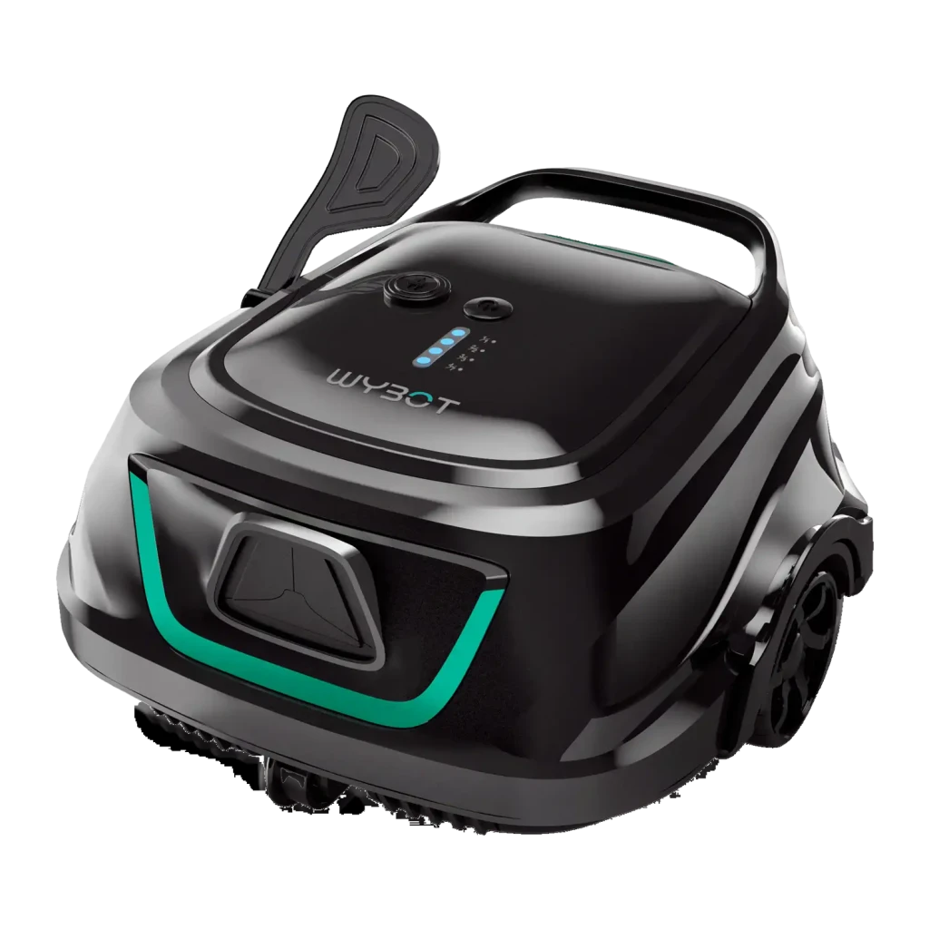 Robot limpiafondos Wybot M2 Filtración doble 180μm + 40ppi Hasta 400m² cobertura, vista frontal-superior: cuerpo negro