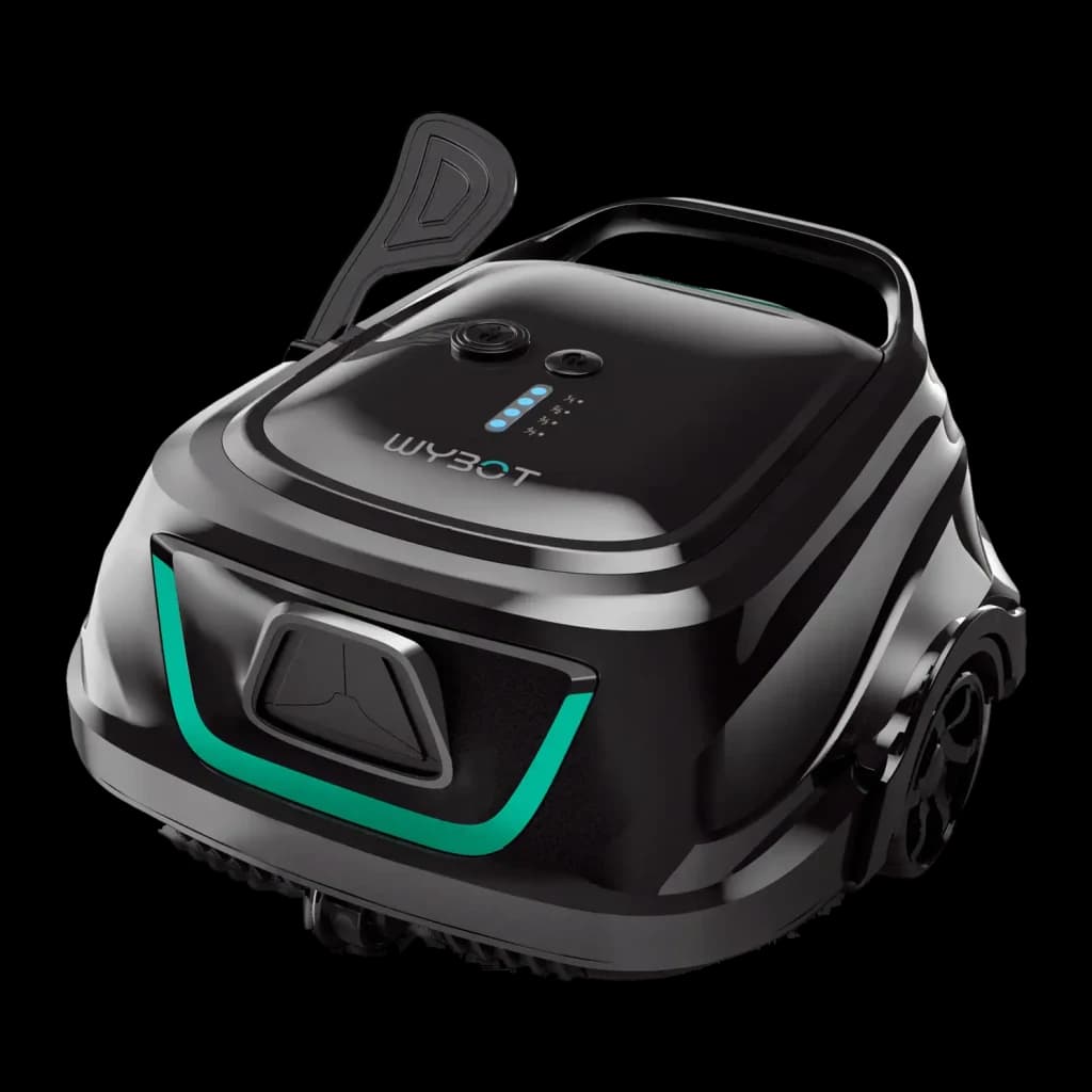 Robot limpiafondos Wybot M2 Filtración doble 180μm + 40ppi Hasta 400m² cobertura, vista frontal-superior: cuerpo negro