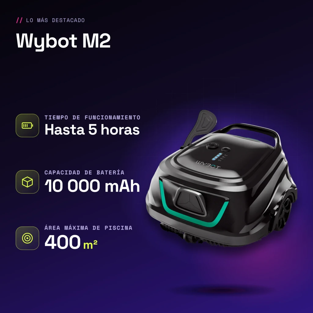 Robot limpiafondos Wybot M2 Filtración doble 180μm + 40ppi Hasta 400m² cobertura - características