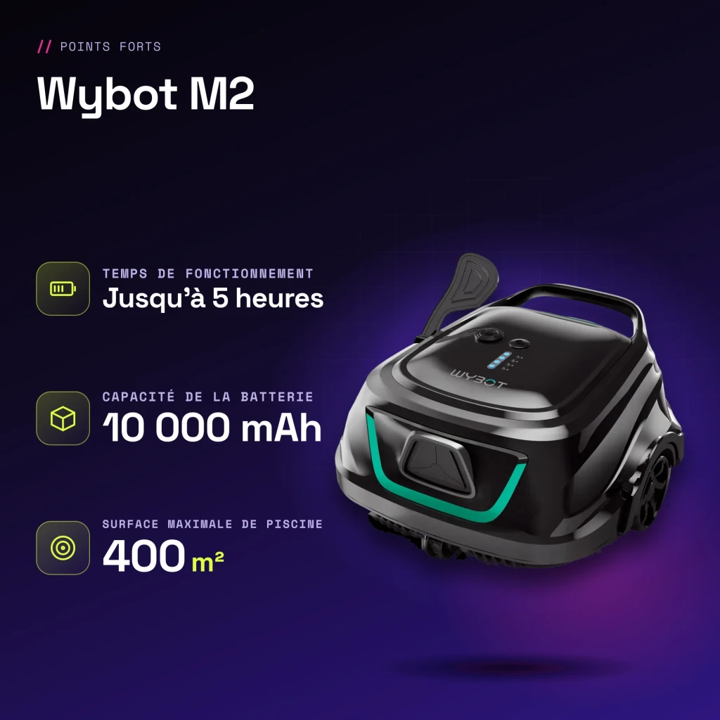 Robot nettoyeur Wybot M2 Double filtration 180 μm + 40 ppi Jusqu'à 400 m² de couverture - caractéristiques