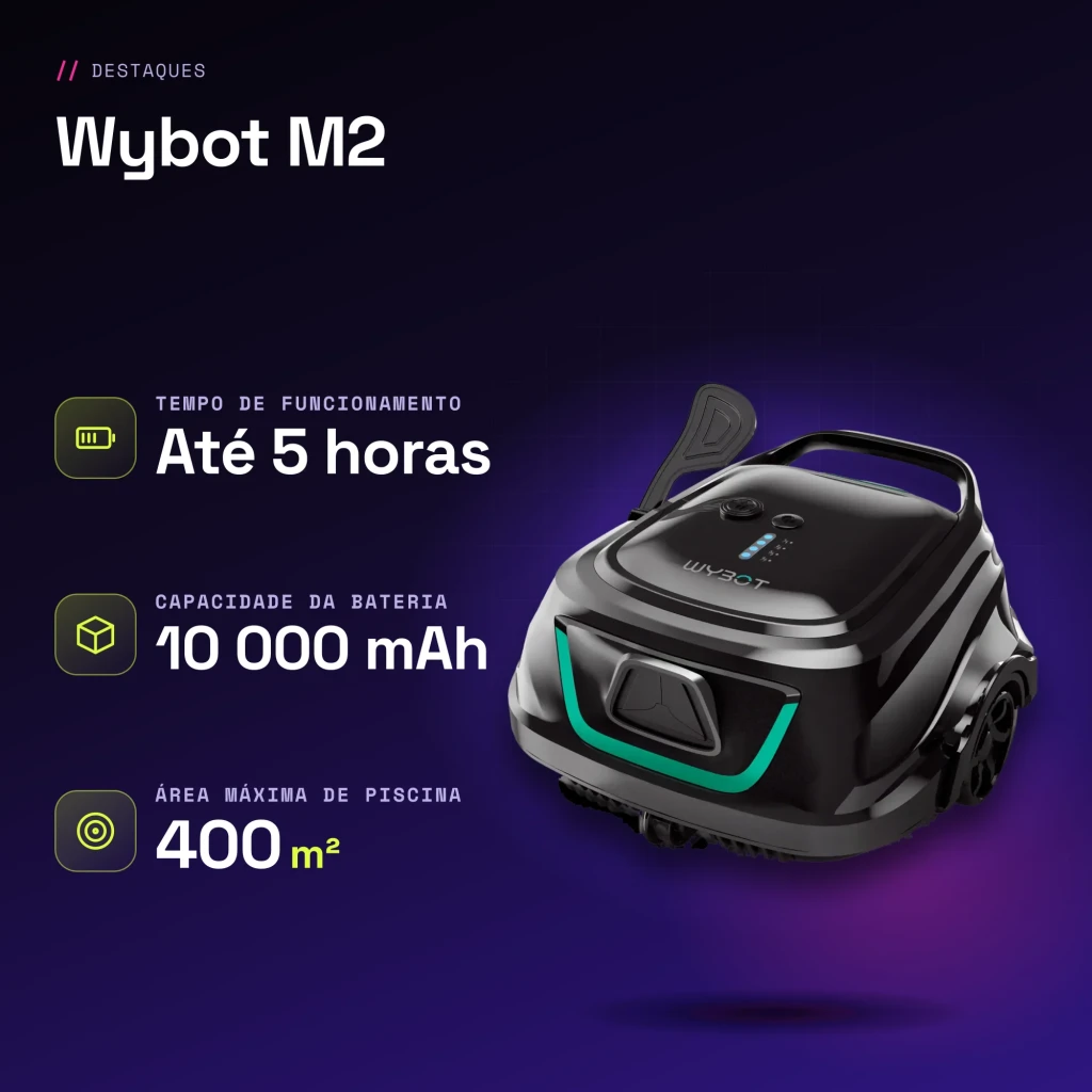 Robot de limpeza Wybot M2 Filtração dupla 180μm + 40ppi Até 400m² de cobertura - características