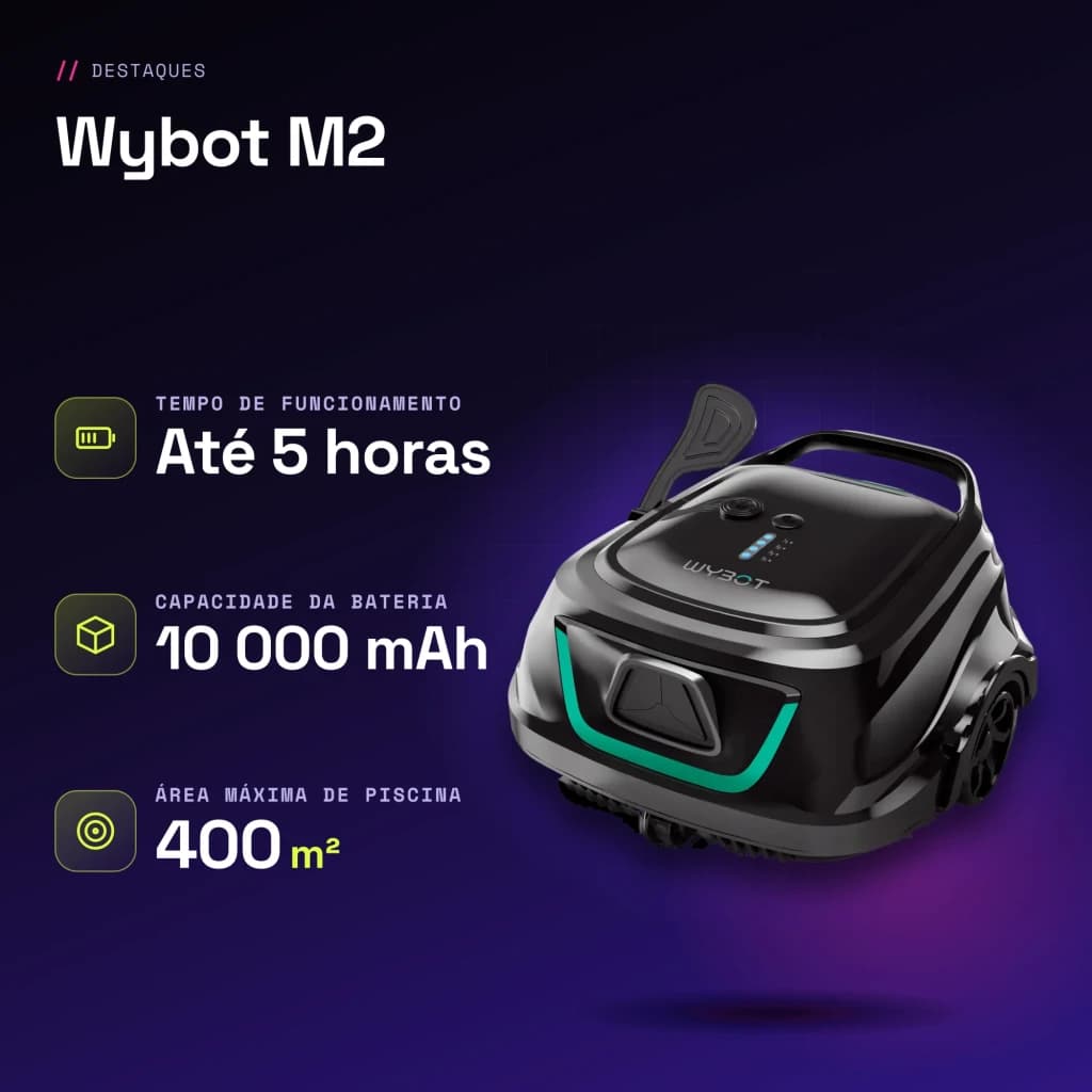 Robot limpiafondos Wybot M2 Filtración doble 180μm + 40ppi Hasta 400m² cobertura - características