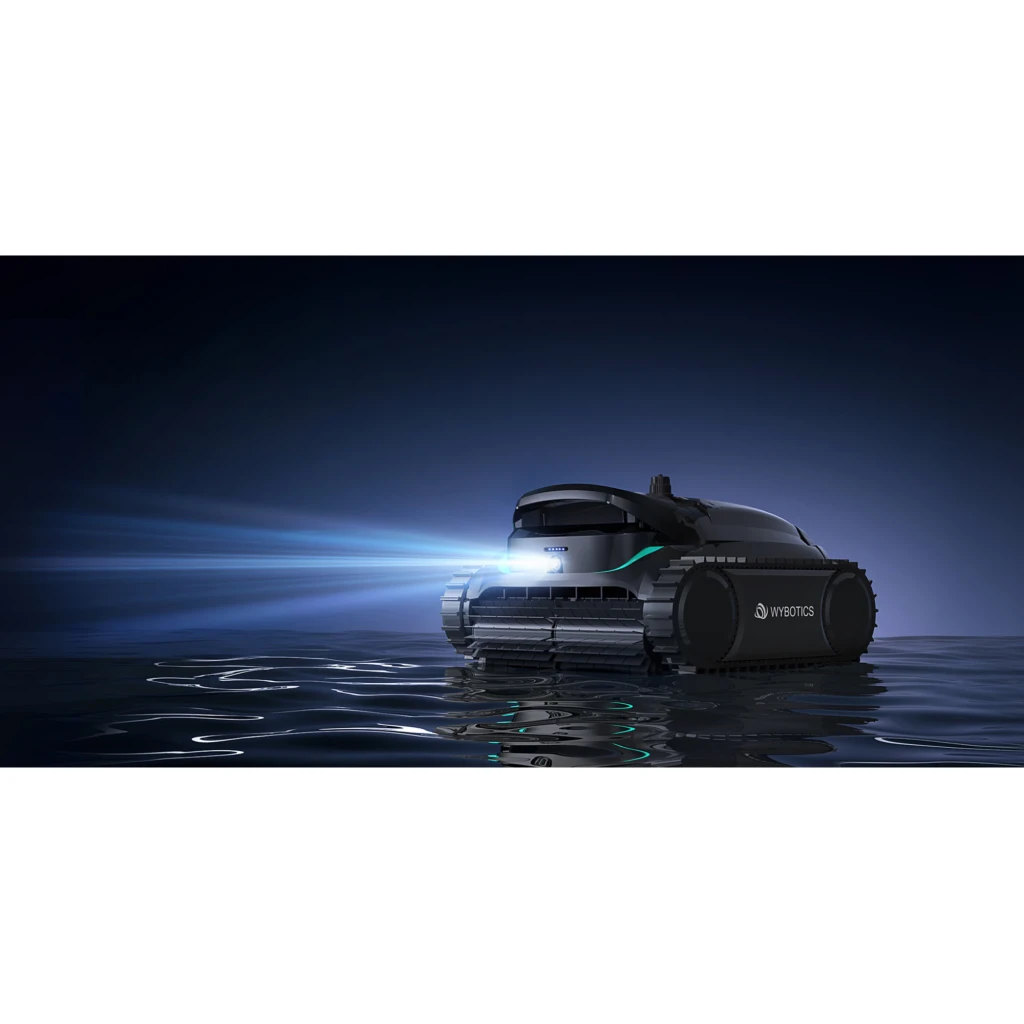 Robot limpiafondos Wybot M2 Filtración doble 180μm + 40ppi Hasta 400m² cobertura, vista lateral: luz frontal encendida