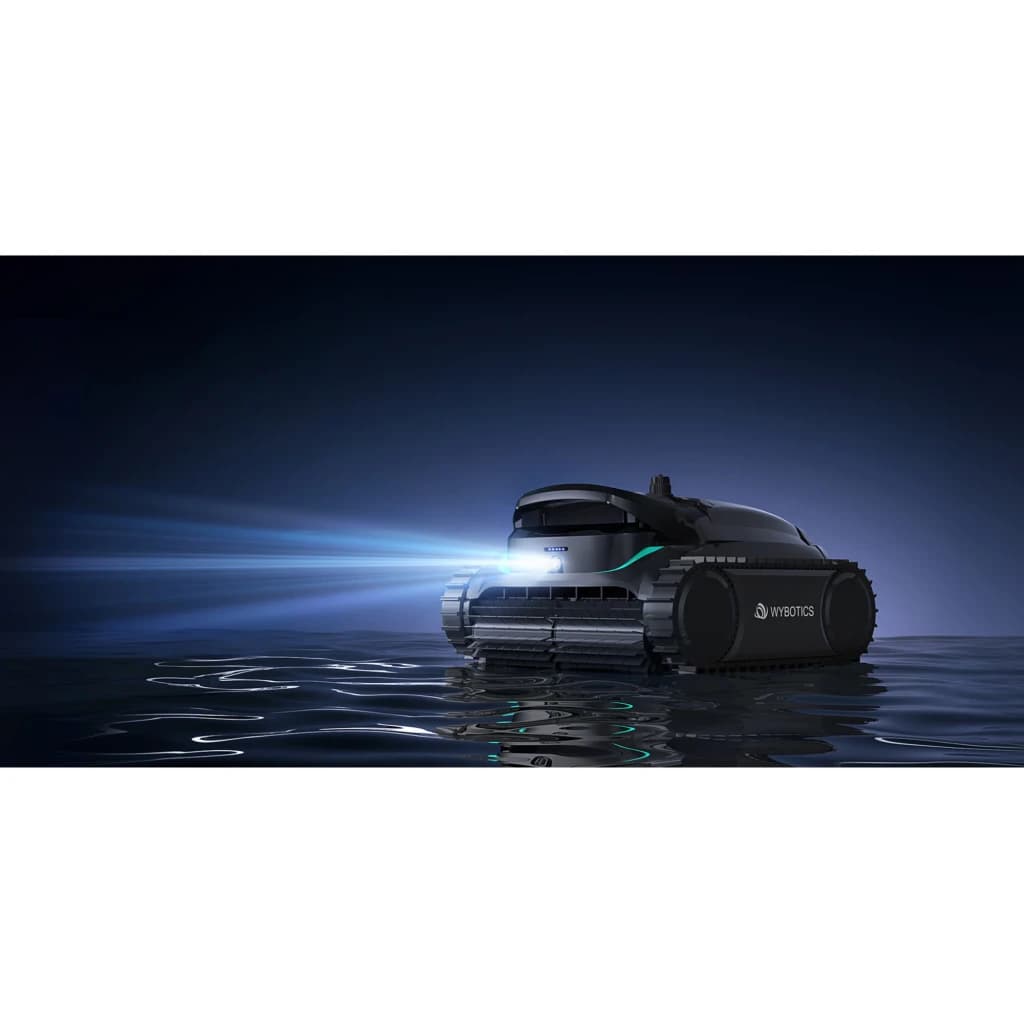 Robot limpiafondos Wybot M2 Filtración doble 180μm + 40ppi Hasta 400m² cobertura, vista lateral: luz frontal encendida